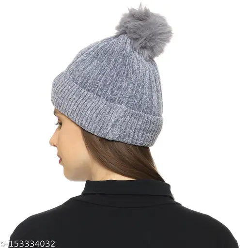 Woolen Dopamine Women's Beanie Cap (Inside Fur), soft winter warm snow-proof pom-pom style perfect for daily activities