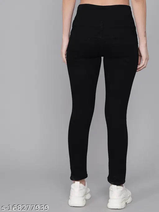 Stretchable black denim slim women's jeans with 5-pocket styling and mild distress, perfect for casual occasions