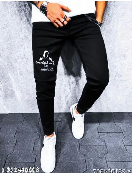 Men's latest denim yo-yo print jeans, black knee-cut with slim fit - India