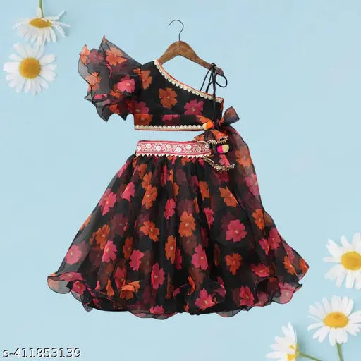 Georgette sleeveless lehenga for girls, vibrant printed net design - Panthi Fab for parties, weddings, ceremonies