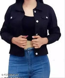 Black denim kid jacket with long sleeves, solid pattern for ages 12-16 years, India origin