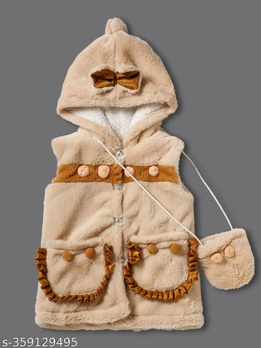 Baby Girls Bow Hooded Winter Off-White Acrylic, sleeveless, solid print, various sizes from 3-24 months, Indian origin