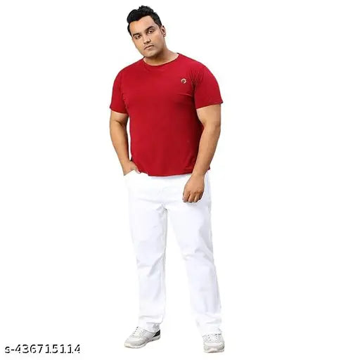 White plus-size cotton blend slim-fit jeans for men, ideal for regular use and casual/office wear. Perfect fit for trendy white jeans. Available in sizes 28, 30, 32, 34 (waist 34", length 39", hip 40"). Made in India