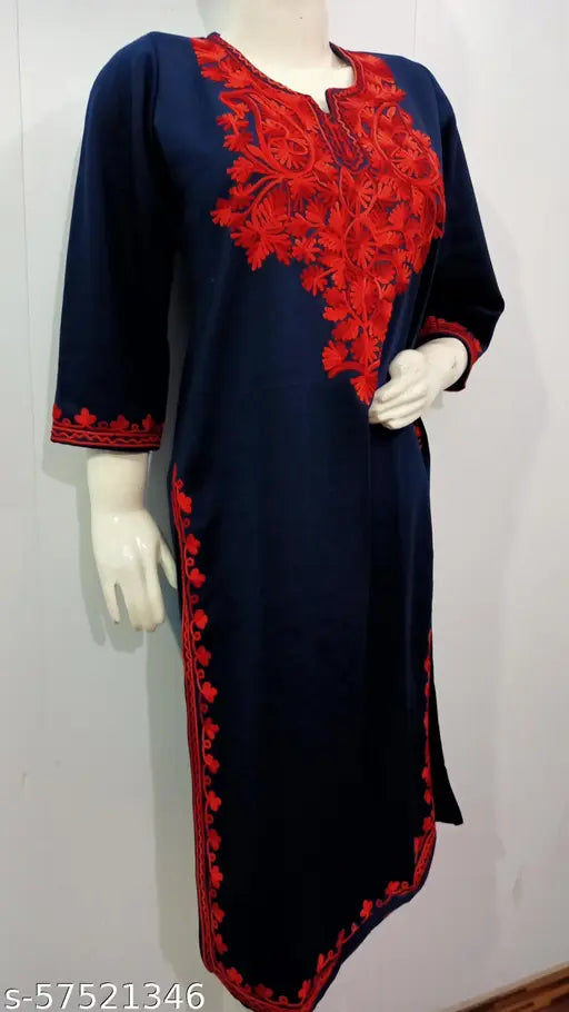 Navy blue embroidered wool A-line kurti for women, three-quarter sleeves, perfect for day, wedding, casual, office wear, Indian origin