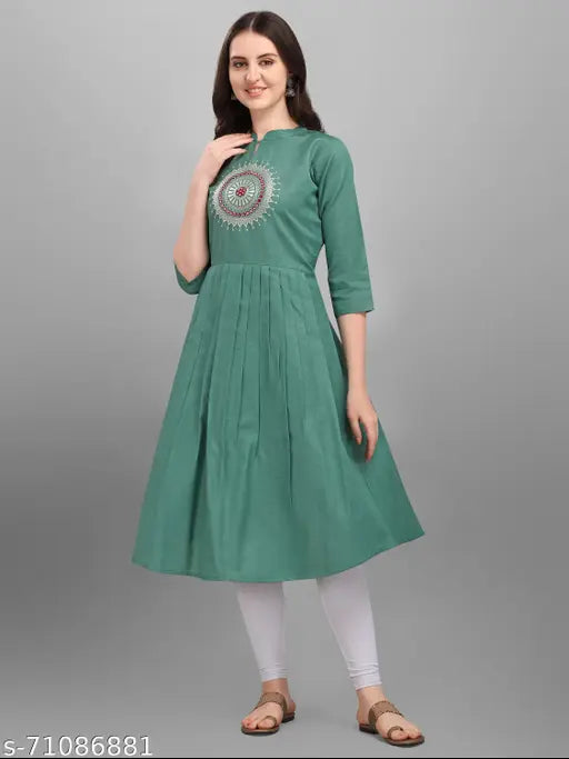 Cotton Kinjo women's anarkali kurti with embroidery work, solid combo, three-quarter sleeves, Indian fashion clothing