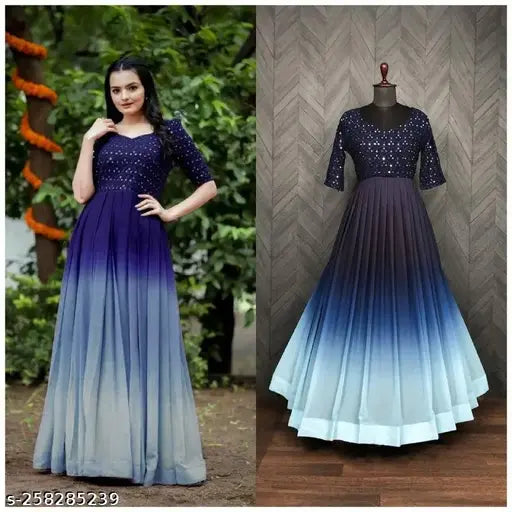 Colorblocked Georgette women's embroidery peddle gown with short sleeves, Indian-origin fashion for special occasions