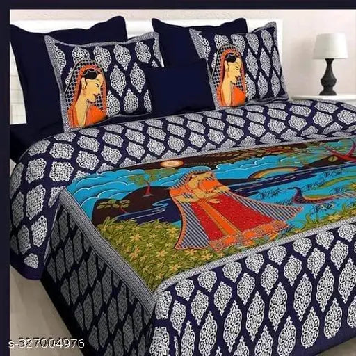 White 100% cotton double bed flat sheets with 2 floral pillow covers, ideal for summer - high-quality Indian craftsmanship