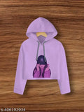 Purple Lovendar cotton blend colorblocked drawstring long sleeve crop top hoodie, suitable for kids 4-16 years old