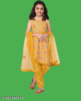 Yellow cotton kurta with net dupatta set for girls - traditional Indian attire for functions, festivals, parties, and events