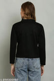 Trendy leather-sleeved sweatshirt for women, solid color, under $200, long sleeves on mannequin