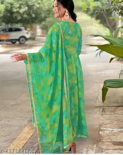Festival special printed Georgette gown with Duppata set, three-quarter sleeves, vibrant Indian traditional wear on mannequin