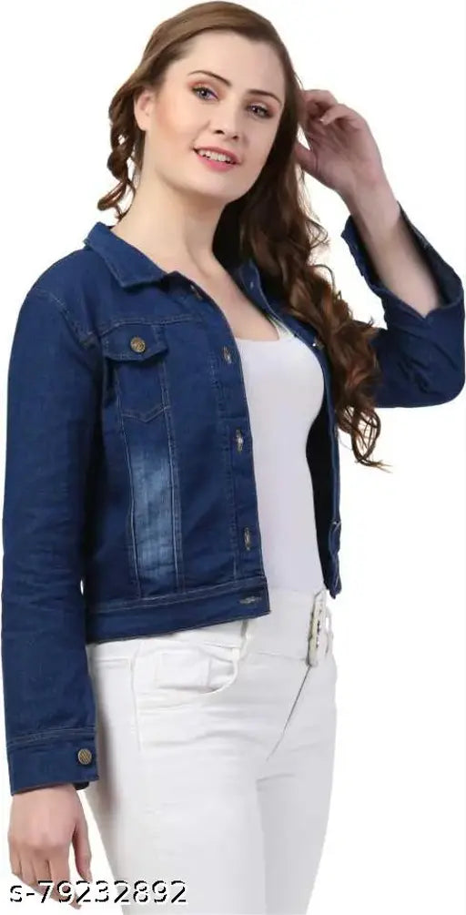 Dark blue denim women's jacket with long sleeves, solid pattern. Available in S, M, L, XL sizes