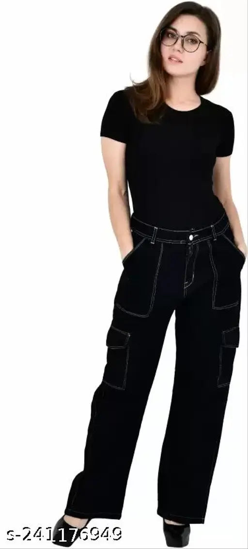 Cotton black cargo pant for ladies/girls - Udhatikraman straight fit cargo jeans style, ideal for everyday wear in India