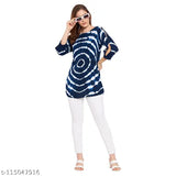 Navy blue and white tie-dye rayon tunic for women, three-quarter sleeves, handcrafted in India