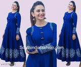 Royal blue rayon anarkali kurti with rakul print, three-quarter sleeves, available in sizes S to XXL