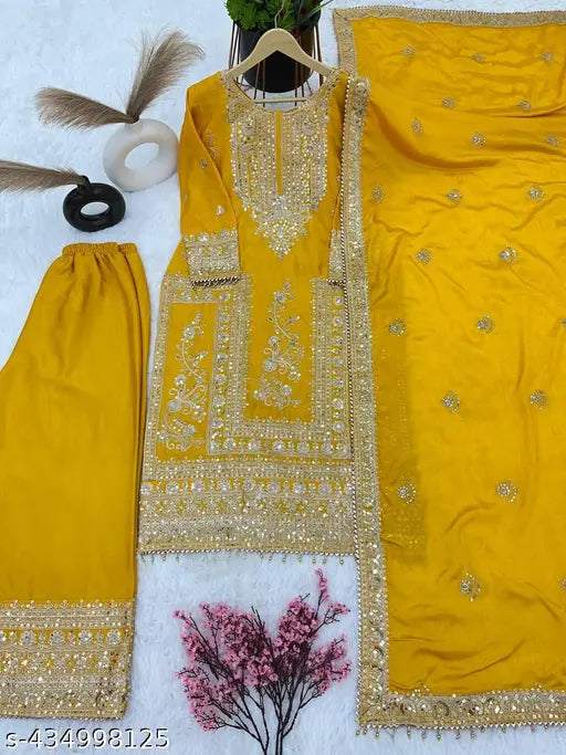 Embroidered designer silk kurta set with dupatta and plazzo, heavy micro cotton inner, three-quarter sleeves. Indian handcrafted, full stitched ready to wear