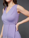 Miss Chase light lavender polyester v-neck sleeveless solid wrap jumpsuit on model, India origin