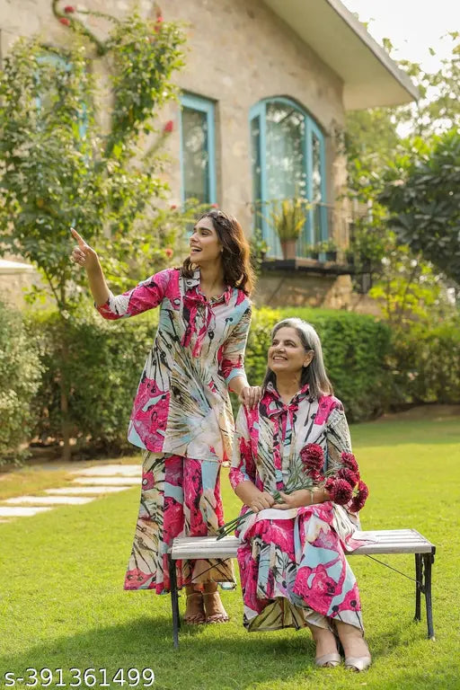 Women's Rayon A-line Kurta & Palazzo Set, floral printed, pack of 2. Size chart guidance for perfect fit. Summer-ready Indian ethnic wear for various occasions