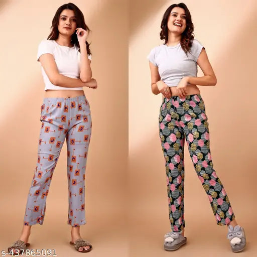 Rayon printed pyjama combo pack for women with back pockets (2 pieces), India-made sleepwear and joggers