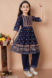 Kids girls printed rayon kurta set, A-line pyjamas with embroidered sleeve patterns
