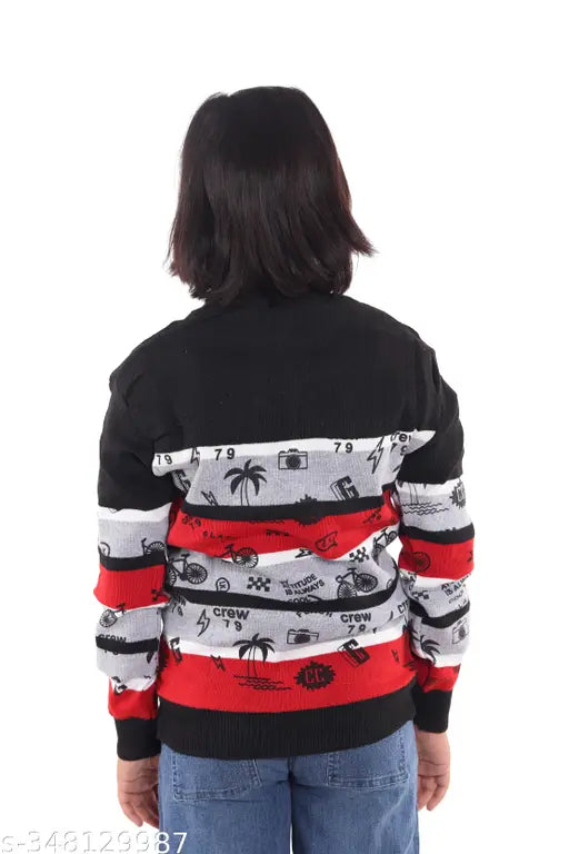 Offer kids' regular fit acrylic casual sweater with full sleeves, printed pattern on neutral color background