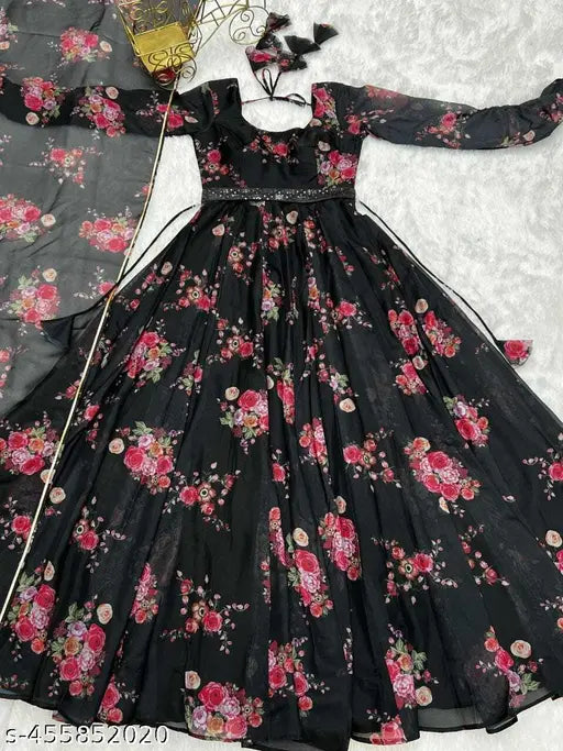 Black georgette printed anarkali gown for women's formal and party wear, three-quarter sleeves