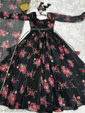 Black georgette printed anarkali gown for women's formal and party wear, three-quarter sleeves
