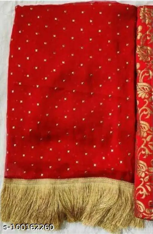 Crush Chiffon red tassels saree with jacquard blouse, Indian fashion for this season on mannequin