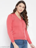 Wool Zigos Super Warm, Super Soft V-Neck Cardigan - Solid pink, full sleeves, straight hem
