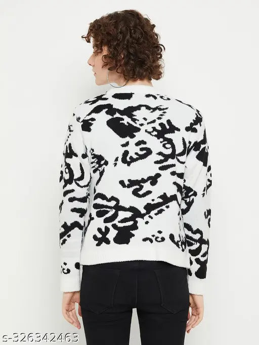 Woolen Kasma women's white quirky sweater with self-design pattern, full sleeves and pull-on closure