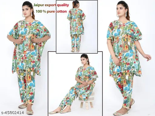 100% pure cotton Jaipur Kaftan & Pant Co-ord set, comfortable nightdress for home or outing. Available in XL, XXL, Free Size