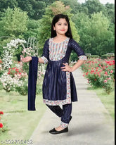 Festive blue rayon kurti set for kids with embroidered sleeves and dupatta, traditional Indian attire
