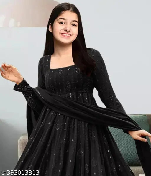 Silk embroidery georgette gown for girls, intricate design on long sleeves, size 7-8 years origin India