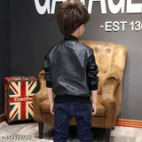 Boys leather biker bomber jacket with faux fur lining, durable and stylish choice for kids. Solid design with rib-knit details, zipper, and pockets. Available in sizes ranging from 1-2 years to 12-13 years, made in India