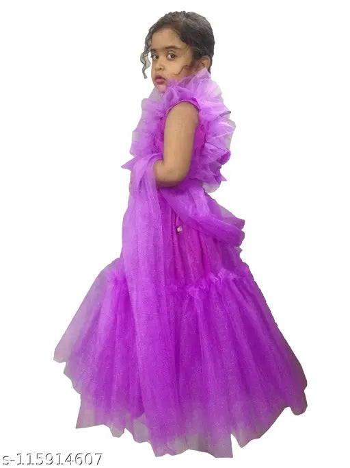 Purple net lehenga choli with sequin velvet blouse, stitched frill top. Cotton dupatta and separate long sleeves. Indian hand-stitched baby lehenga set for 5-6 years