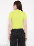 Lime punch ribbed solid half sleeve tank top by BLANCD, made from durable polyester fabric for a stylish mid-waist crop look