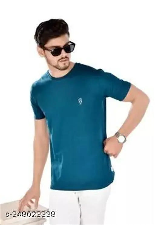 Blue printed cotton round-neck fit short sleeves t-shirt for men, perfect for casual wear or gym