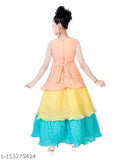 Trendy silk blend colorblocked sleeveless gown for girl, festive wear on display stand