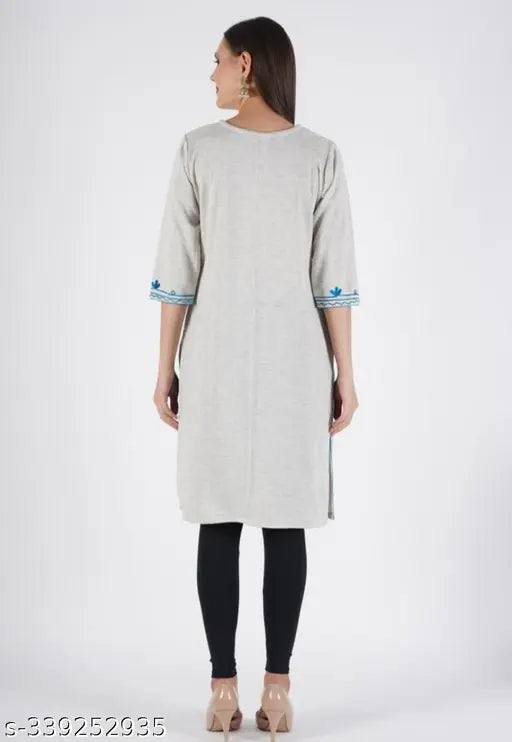 Woolen three-quarter sleeve kurti, solid design for winter, fashionable and comfortable, Aari work embroidery on Indian-made kurti