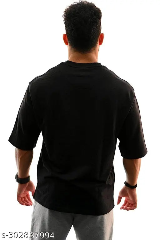 Men's black pure cotton oversized round neck t-shirt, short sleeves, solid design, available in S, M, L, XL, XXL