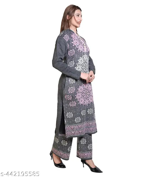 Wool plazzo suit: warm, three-quarter sleeves winter kurta set with printed net palazzos, India origin