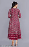 Women's rayon printed Anarkali Kurta in wine color, three-quarter sleeves with Jaal & Buti design. Indian rayon Anarkali kurta for festive occasions