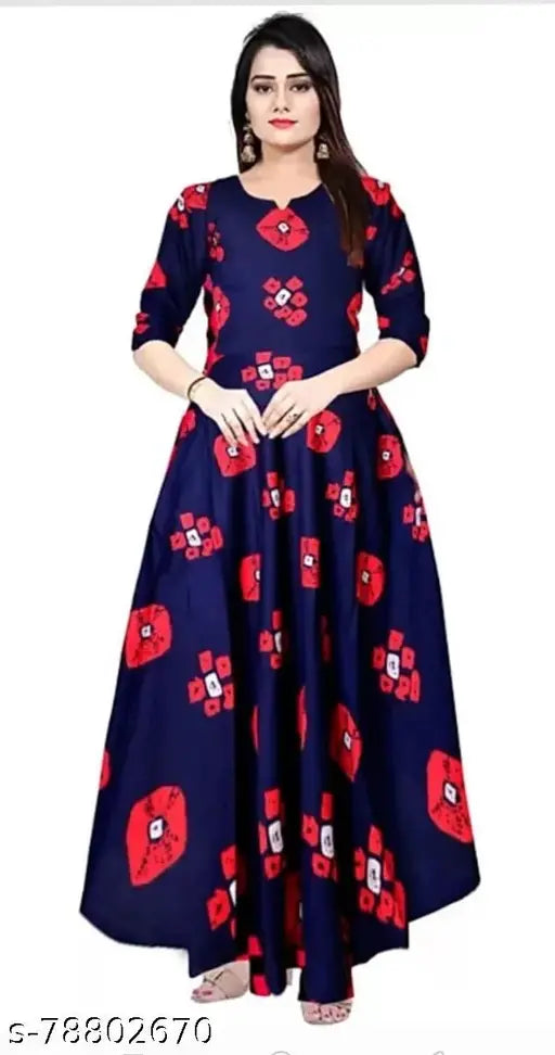 Rayon printed long kurti for girls and women, three-quarter sleeve party wear & office wear, Indian design and print on display