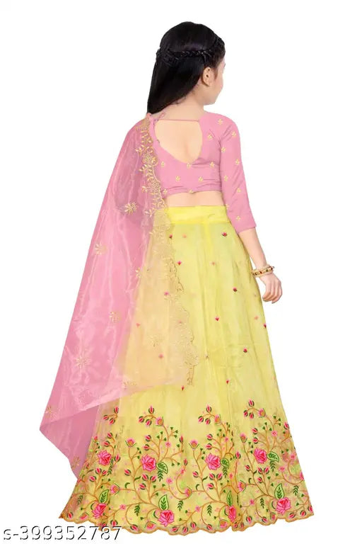 Kids net lehenga choli in dupion silk, embroidered semi-stitch net with cut work border. 1.7m flair blouse and 1.7m net dupatta, both with embroidery work. Sizes: 9-10 years (31in waist, 33in length), 10-11 years (32in waist, 34in length), 11-12 years (33in waist, 35in length). Age: 8-12 years, height: 35-36 inch, waist: 30-31 inch. Indian handcrafted clothing for kids