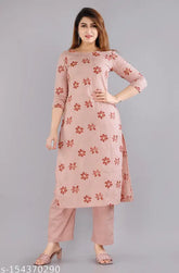 Peach stitched cotton women's salwar suit with printed net bottomwear, straight fit, three-quarter sleeves