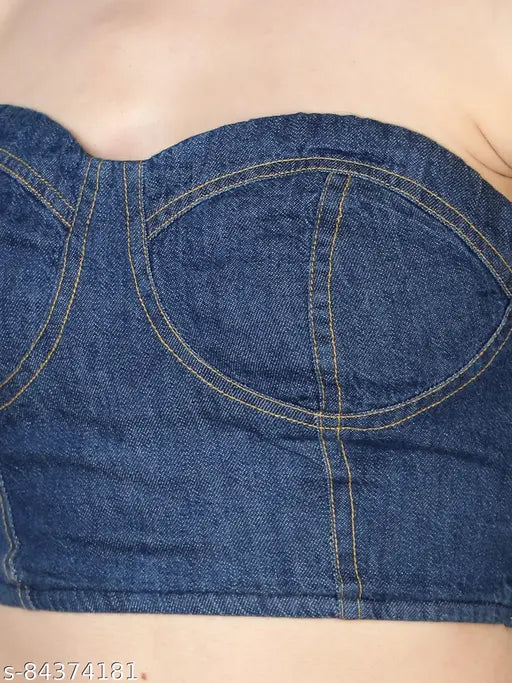 Blue cotton denim bluster top, sleeveless, sweetheart neckline, smocking back, contrast detailing - Indian fashion trend