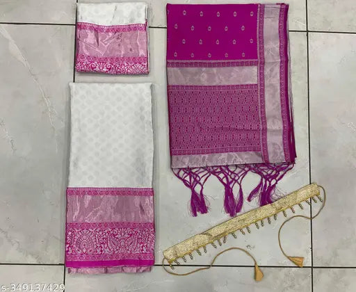 Unstitched South Indian Art Silk Half Saree set in Litchi silk zari work, featuring solid with woven choli and dupatta, tussles and belt included, latest designer collection, India origin