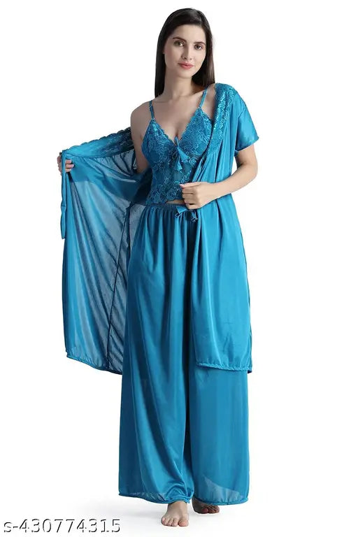 Satin lace nightdress with short sleeve robe, solid pattern for women (S-30in/38in, M-32in/39in, L-36in/40in), Indian origin