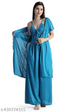 Satin lace nightdress with short sleeve robe, solid pattern for women (S-30in/38in, M-32in/39in, L-36in/40in), Indian origin