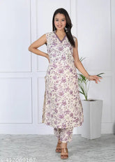 Purple rayon floral V-neck kurta with sharara bottom set, Indian party wear